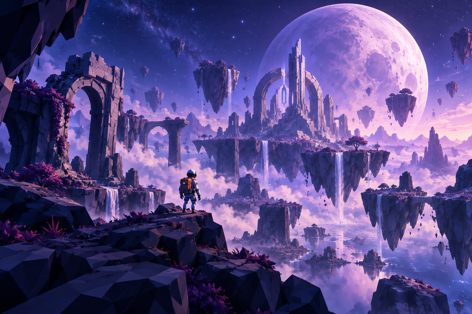 An explorer overlooking a mysterious violet world under an enormous moon